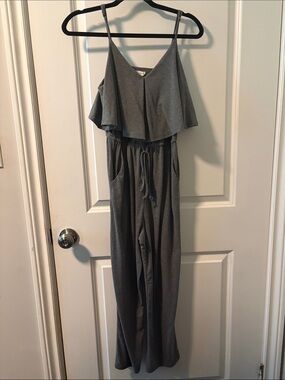 ☀️ Hem & Thread Gray Off-Shoulder Spaghetti-Strap Jumpsuit with Drawstring Waist